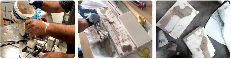 Tres fotografías de los problemas: colada manual de la escayola, desmoldeado laborioso y piezas rotas.